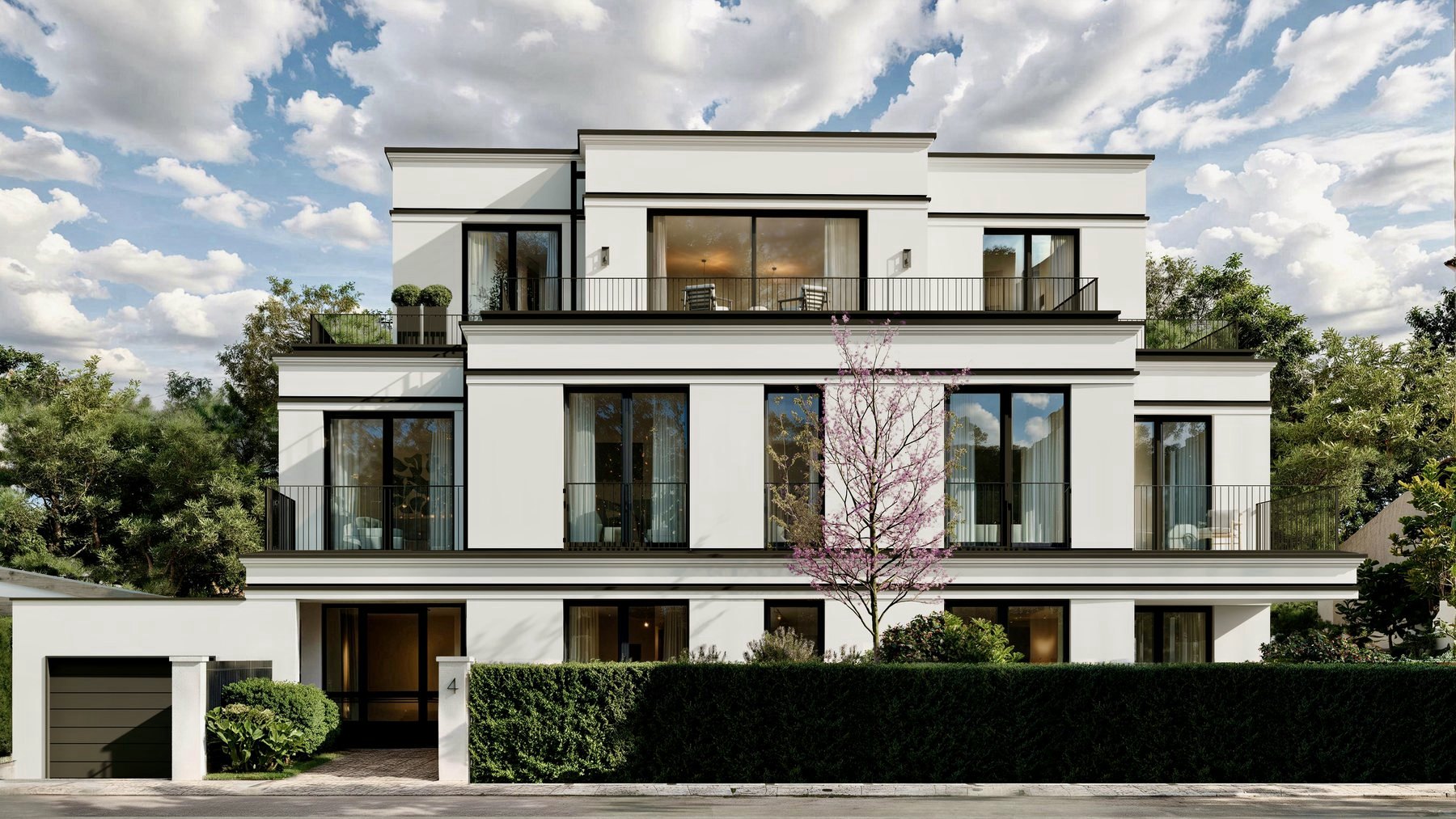 Frontansicht des Hauses am Sanderplatz 4 mit Eingang, Tiefgarageneinfahrt und Hecke zur Straße