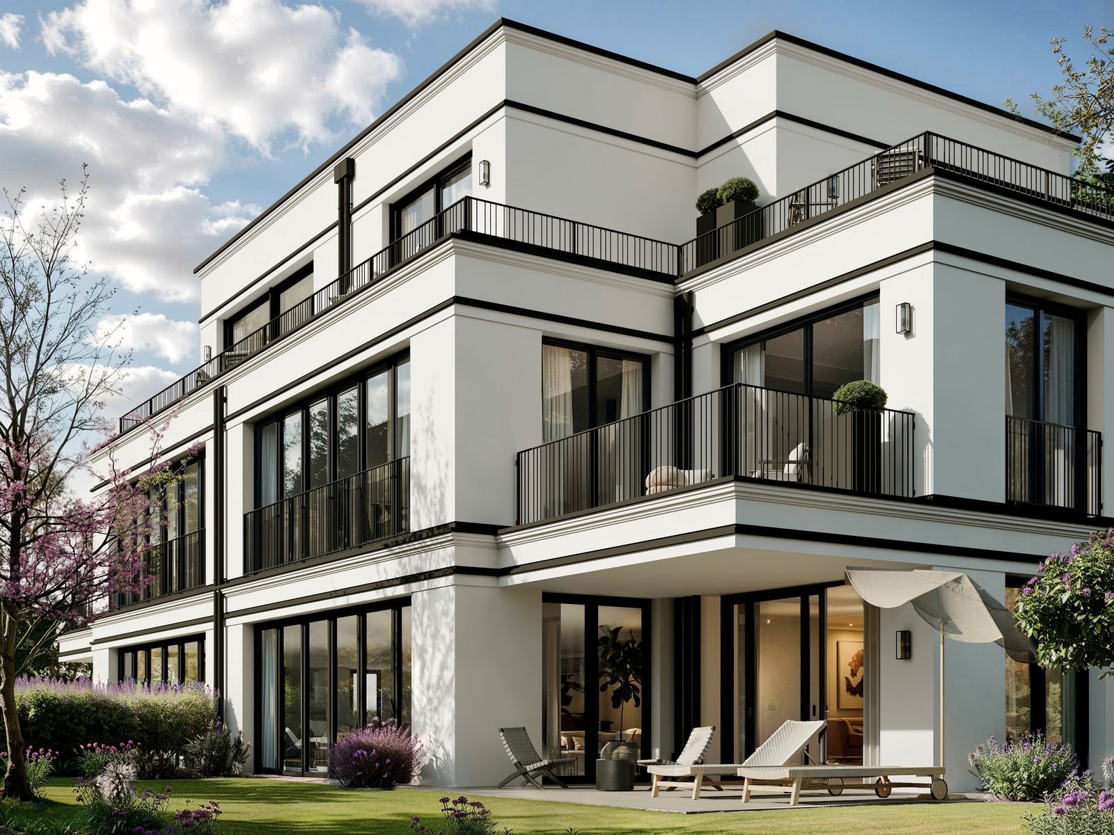 Gartenseite des Hauses am Sanderplatz: Terrasse und Garten der Gartenwohnung im Erdgeschoss